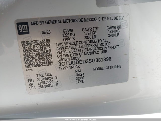 Aukcja sprzedaży 2025 Gmc Sierra 1500, vin: 3GTUUDED3SG381396, numer aukcji: 44630075