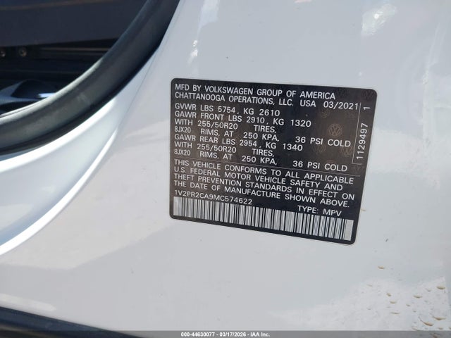 Продаж на аукціоні авто 2021 Volkswagen Atlas 3.6l V6 Se W/technology R-line, vin: 1V2PR2CA9MC574622, номер лоту: 44630077
