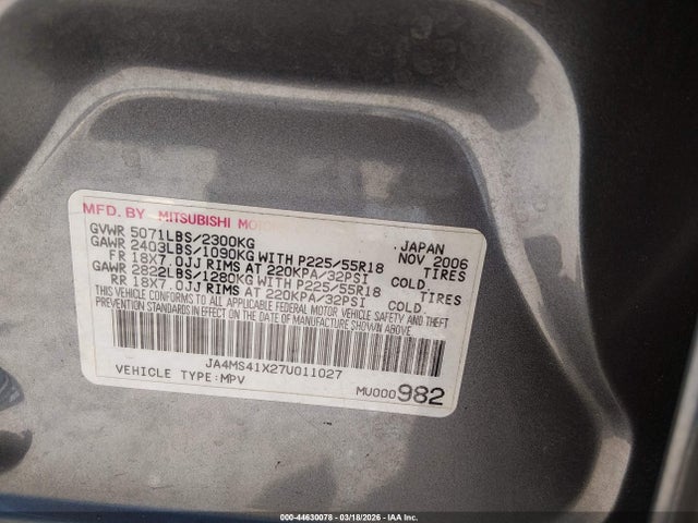 Продаж на аукціоні авто 2007 Mitsubishi Outlander Xls, vin: JA4MS41X27U011027, номер лоту: 44630078