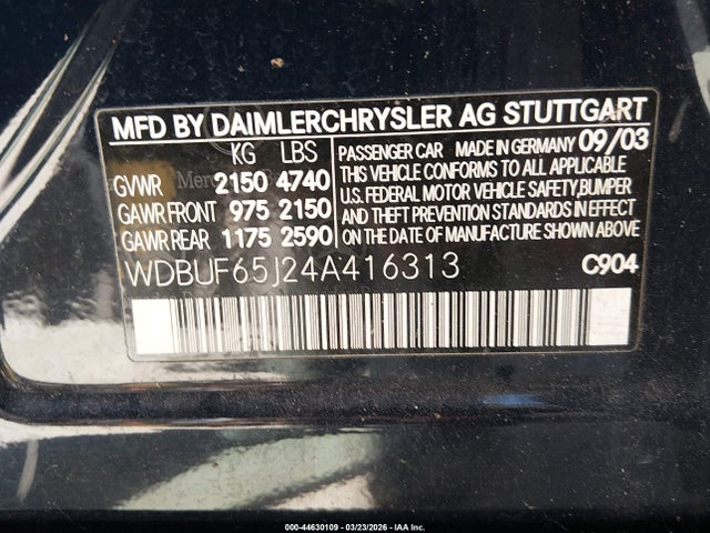 Продажа на аукционе авто 2004 Mercedes-benz E 320, vin: WDBUF65J24A416313, номер лота: 44630109