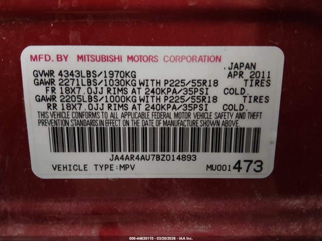 Продаж на аукціоні авто 2011 Mitsubishi Outlander Sport Se, vin: JA4AR4AU7BZ014893, номер лоту: 44630110