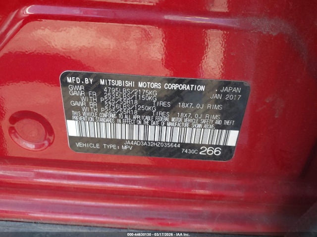 Продаж на аукціоні авто 2017 Mitsubishi Outlander Se, vin: JA4AD3A32HZ035644, номер лоту: 44630130