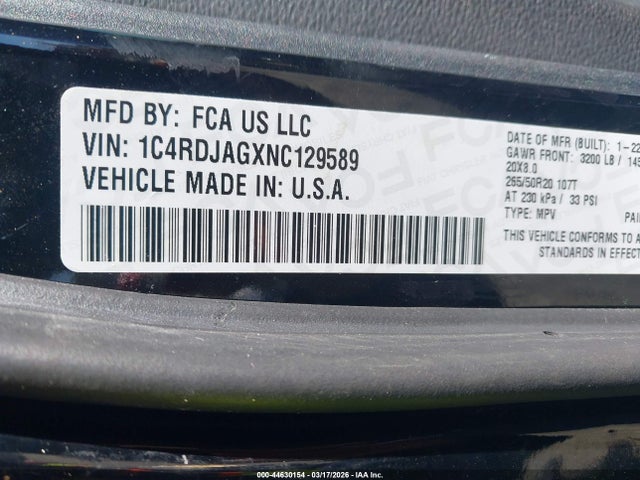 44630154 :رقم المزاد ، 1C4RDJAGXNC129589 vin ، 2022 Dodge Durango Sxt Awd مزاد بيع