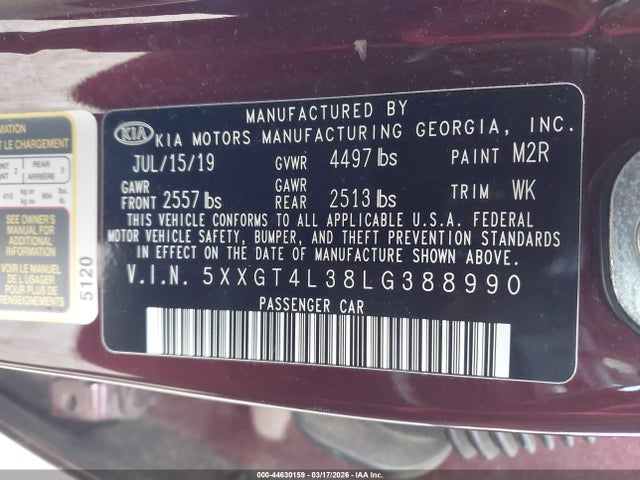 Продаж на аукціоні авто 2020 Kia Optima Lx, vin: 5XXGT4L38LG388990, номер лоту: 44630159