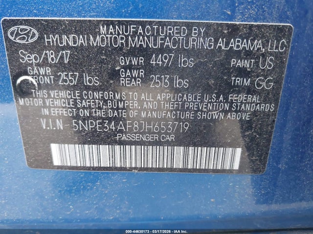44630173 :رقم المزاد ، 5NPE34AF8JH653719 vin ، 2018 Hyundai Sonata Sel مزاد بيع