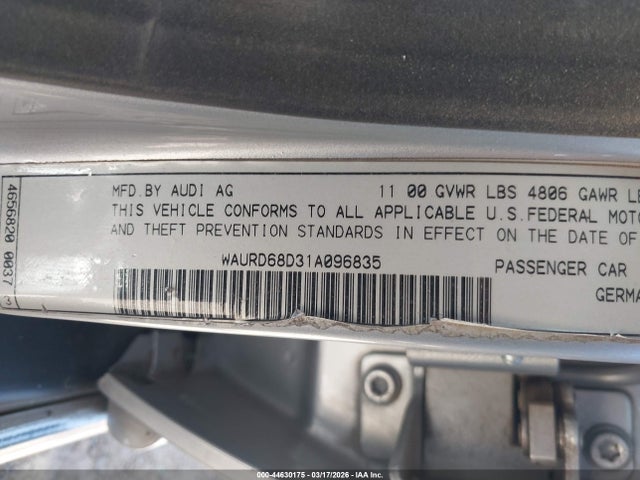 Aukcja sprzedaży 2001 Audi S4 2.7t, vin: WAURD68D31A096835, numer aukcji: 44630175