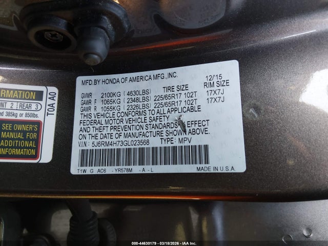 Honda Cr-v Ex-l 2016 5J6RM4H73GL023568 Image 9