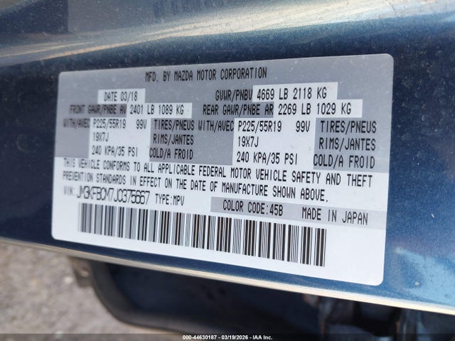 44630187 :رقم المزاد ، JM3KFBCM7J0375667 vin ، 2018 Mazda Cx-5 Touring مزاد بيع