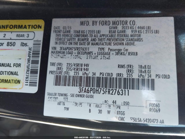 Ford FUSION SE 2015 3FA6P0H75FR276311 Image 9