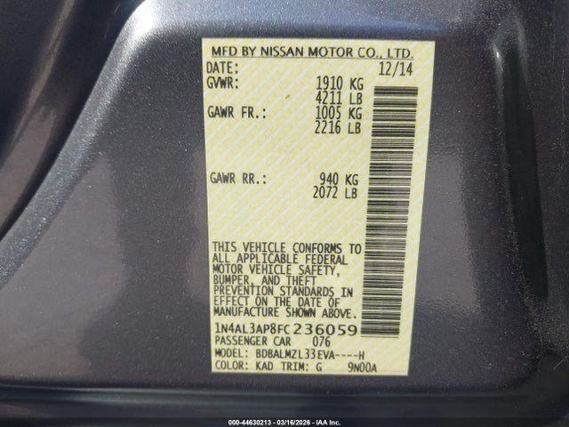 Nissan Altima 2.5 Sv 2015 1N4AL3AP8FC236059 Image 9