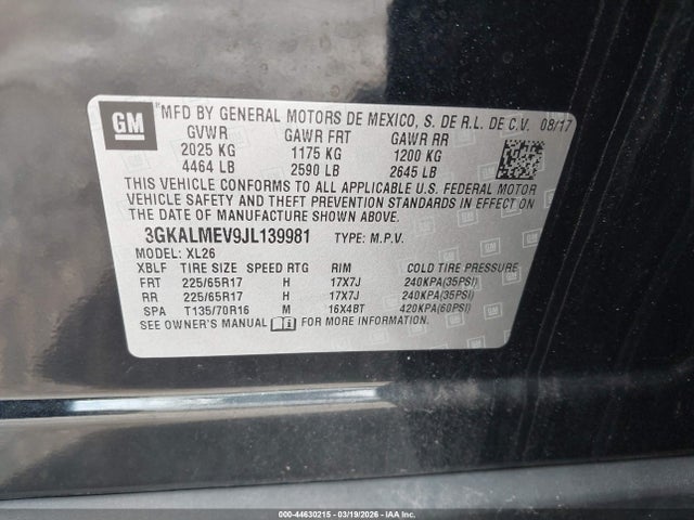 Aukcja sprzedaży 2018 Gmc Terrain Sle, vin: 3GKALMEV9JL139981, numer aukcji: 44630215