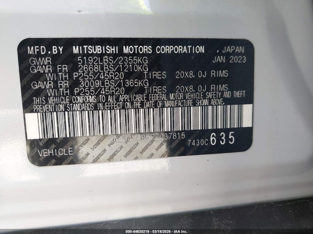 44630219 :رقم المزاد ، JA4J4VA85PZ037815 vin ، 2023 Mitsubishi Outlander Sel 2.5 S-awc/sel 40th Anniversary S-awc/sel Black Edition S-awc مزاد بيع