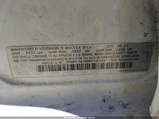 2011 Volkswagen Jetta Sportwagen 2.0l Tdi მანქანა იყიდება აუქციონზე, vin: 3VWPL7AJ4BM716743, აუქციონის ნომერი: 44630232