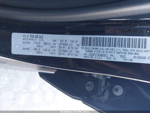 Продаж на аукціоні авто 2019 Ram 1500 Longhorn  4x4 5'7 Box, vin: 1C6SRFKT2KN883511, номер лоту: 44630233