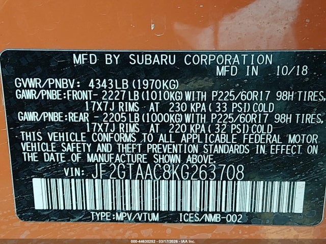 Продаж на аукціоні авто 2019 Subaru Crosstrek 2.0i, vin: JF2GTAAC8KG263708, номер лоту: 44630252