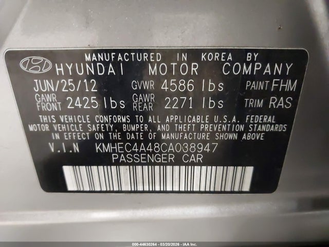 Aukcja sprzedaży 2012 Hyundai Sonata Hybrid, vin: KMHEC4A48CA038947, numer aukcji: 44630264