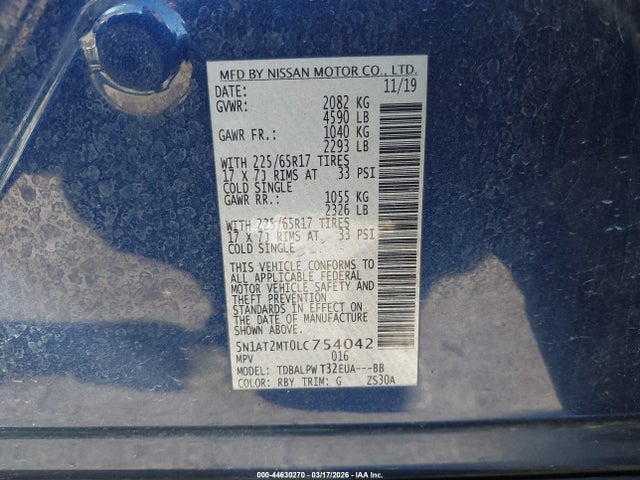 Aukcja sprzedaży 2020 Nissan Rogue S Fwd, vin: 5N1AT2MT0LC754042, numer aukcji: 44630270