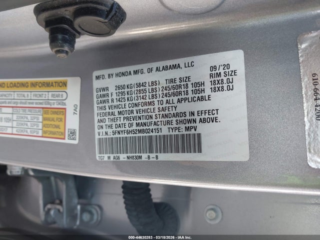 44630283 :رقم المزاد ، 5FNYF6H52MB024151 vin ، 2021 Honda Pilot Awd Ex-l مزاد بيع