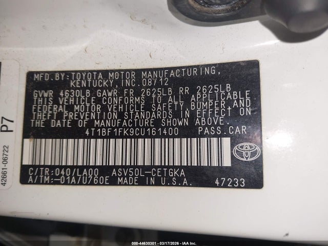 Aukcja sprzedaży 2012 Toyota Camry Xle, vin: 4T1BF1FK9CU161400, numer aukcji: 44630301