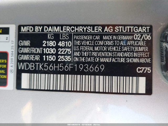 Продаж на аукціоні авто 2006 Mercedes-benz Clk 350, vin: WDBTK56H56F193669, номер лоту: 44630316