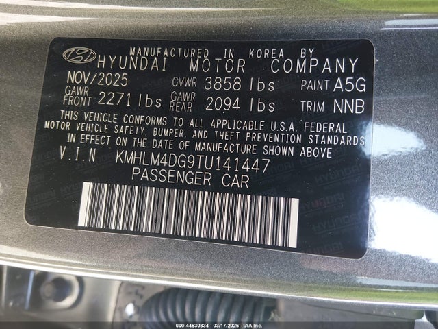 Продажа на аукционе авто 2026 Hyundai Elantra Sel Sport, vin: KMHLM4DG9TU141447, номер лота: 44630334