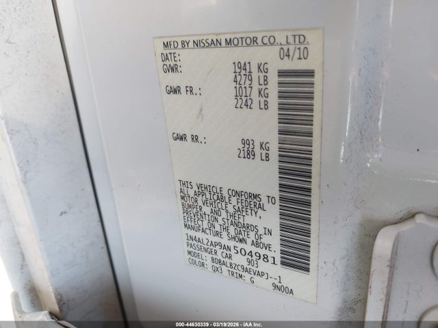 Aukcja sprzedaży 2010 Nissan Altima 2.5 S, vin: 1N4AL2AP9AN504981, numer aukcji: 44630339