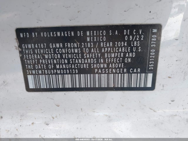 Aukcja sprzedaży 2023 Volkswagen Jetta 1.5t Se, vin: 3VWEM7BU9PM009139, numer aukcji: 44630353