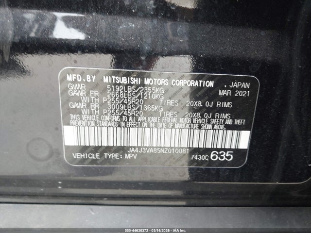 Aukcja sprzedaży 2022 Mitsubishi Outlander Sel 2.5 2wd/sel Special Edition 2wd, vin: JA4J3VA85NZ010081, numer aukcji: 44630372