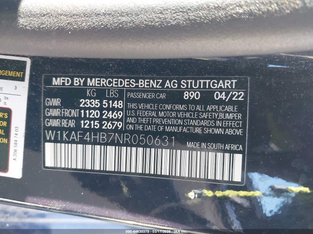 Aukcja sprzedaży 2022 Mercedes-benz C 300 4matic, vin: W1KAF4HB7NR050631, numer aukcji: 44630375