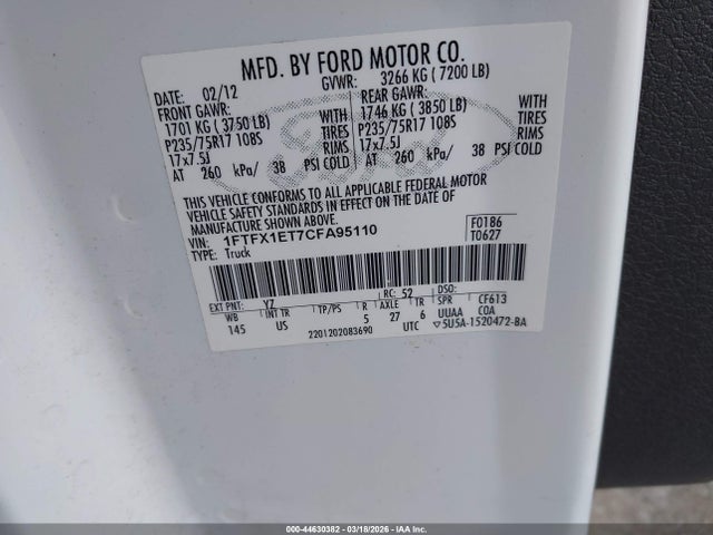 44630382 :رقم المزاد ، 1FTFX1ET7CFA95110 vin ، 2012 Ford F-150 Xlt مزاد بيع