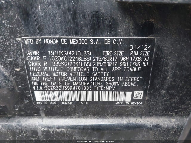 2024 Honda Hr-v Awd Lx მანქანა იყიდება აუქციონზე, vin: 3CZRZ2H39RM761993, აუქციონის ნომერი: 44630383