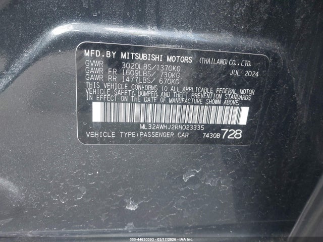 Продаж на аукціоні авто 2024 Mitsubishi Mirage Se, vin: ML32AWHJ2RH023335, номер лоту: 44630393