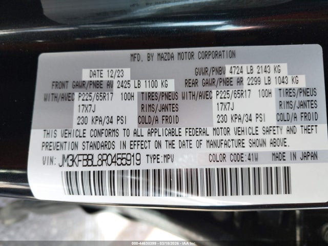 44630399 :رقم المزاد ، JM3KFBBL8R0455919 vin ، 2024 Mazda Cx-5 2.5 S Select مزاد بيع