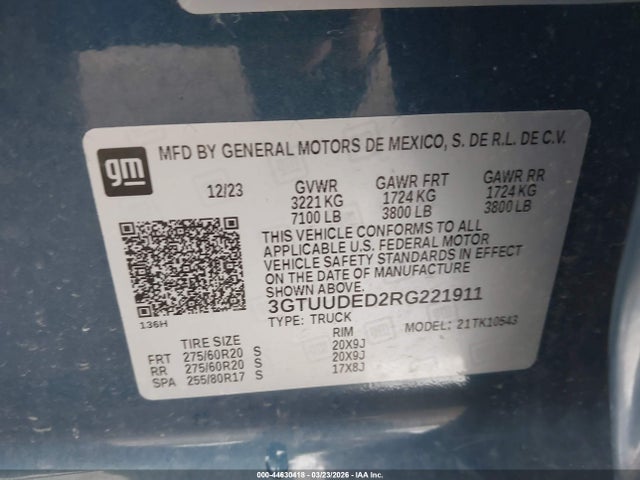 Aukcja sprzedaży 2024 Gmc Sierra 1500, vin: 3GTUUDED2RG221911, numer aukcji: 44630418