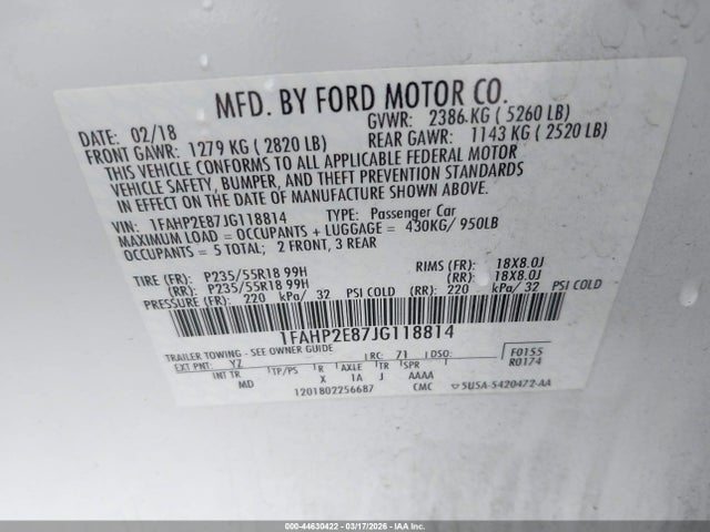 Ford TAURUS SEL 2018 1FAHP2E87JG118814 Image 9
