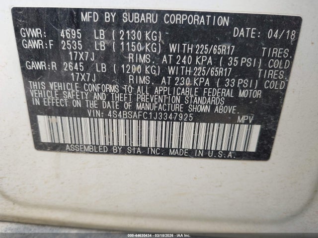 44630434 :رقم المزاد ، 4S4BSAFC1J3347925 vin ، 2018 Subaru Outback 2.5i Premium مزاد بيع