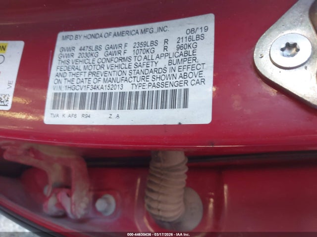 44630436 :رقم المزاد ، 1HGCV1F34KA152013 vin ، 2019 Honda Accord Sport مزاد بيع