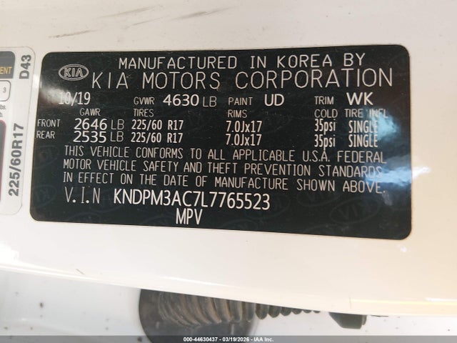 Aukcja sprzedaży 2020 Kia Sportage Lx, vin: KNDPM3AC7L7765523, numer aukcji: 44630437