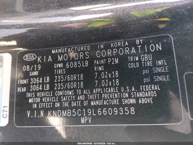 2020 Kia Sedona Ex მანქანა იყიდება აუქციონზე, vin: KNDMB5C19L6609358, აუქციონის ნომერი: 44630465