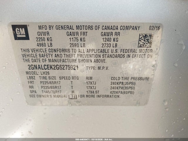 2GNALCEK2G6275921 Chevrolet EQUINOX LT