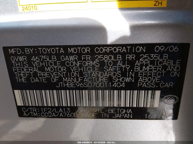 Продажа на аукционе авто 2007 Lexus Gs 350, vin: JTHBE96S070011404, номер лота: 44630474