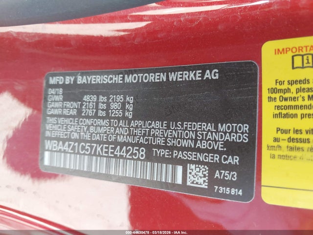WBA4Z1C57KEE44258 BMW 430I