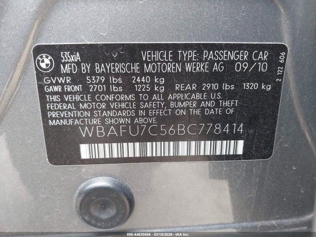44630486 :رقم المزاد ، WBAFU7C56BC778414 vin ، 2011 Bmw 535i Xdrive مزاد بيع