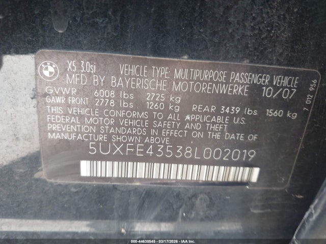 2008 BMW X5 5UXFE43538L002019 Photo 8