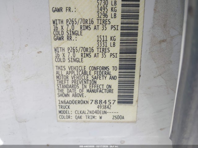 1N6AD0ER0KN788457 Nissan Frontier Sv