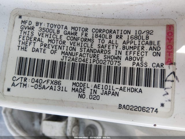 1993 TOYOTA COROLLA JT2AE04E1P0027075 Photo 8