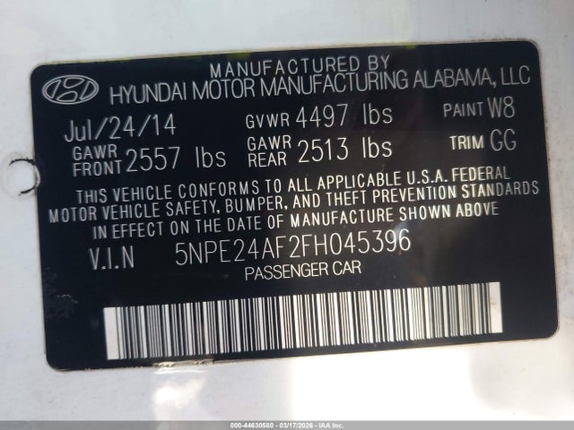 2015 Hyundai Sonata Se მანქანა იყიდება აუქციონზე, vin: 5NPE24AF2FH045396, აუქციონის ნომერი: 44630580
