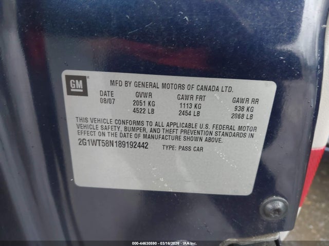 44630590 :رقم المزاد ، 2G1WT58N189192442 vin ، 2008 Chevrolet Impala Lt مزاد بيع