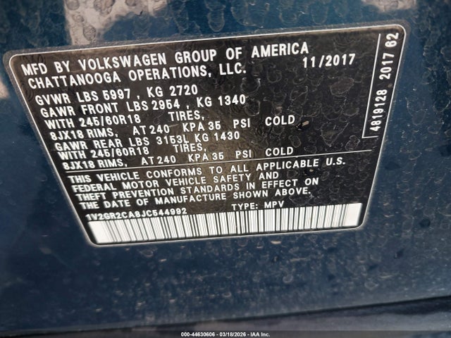 Продаж на аукціоні авто 2018 Volkswagen Atlas 3.6l V6 S, vin: 1V2GR2CA8JC544992, номер лоту: 44630606