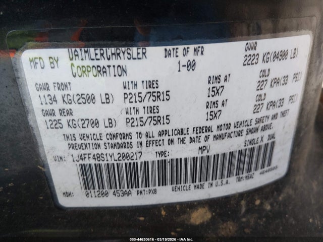 Продажа на аукционе авто 2000 Jeep Cherokee Sport, vin: 1J4FF48S1YL200217, номер лота: 44630616